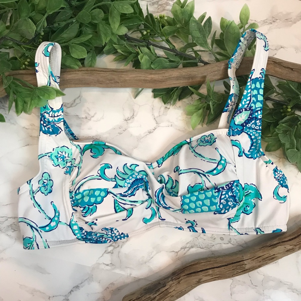 Lands’ End Bandeau Twist White Blue Bikini Top